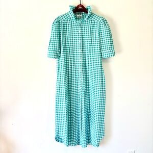 NWT Adrienne Seersucker Gingham Button-Front Midi Dress in Aqua Large